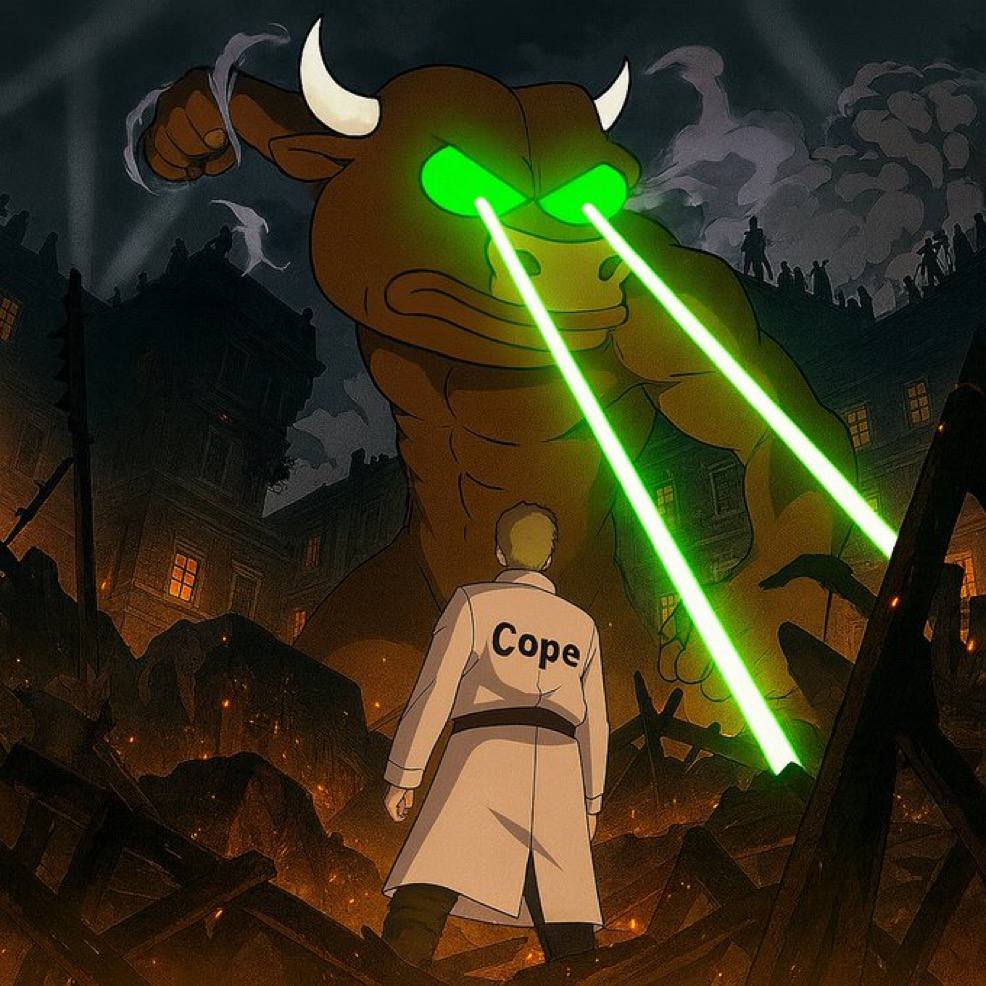 Giant Delusional Bull with laser eyes towering over a man in a Cope coat