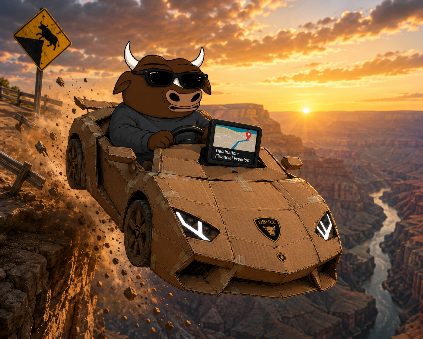Delusional Bull driving a cardboard Lamborghini, destination Financial Freedom