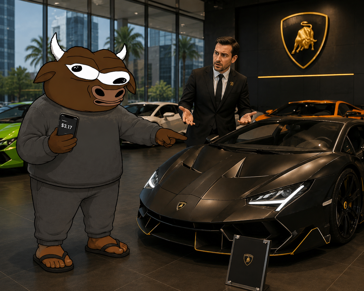 Delusional Bull at a Lamborghini dealership showing $3.17 on his phone