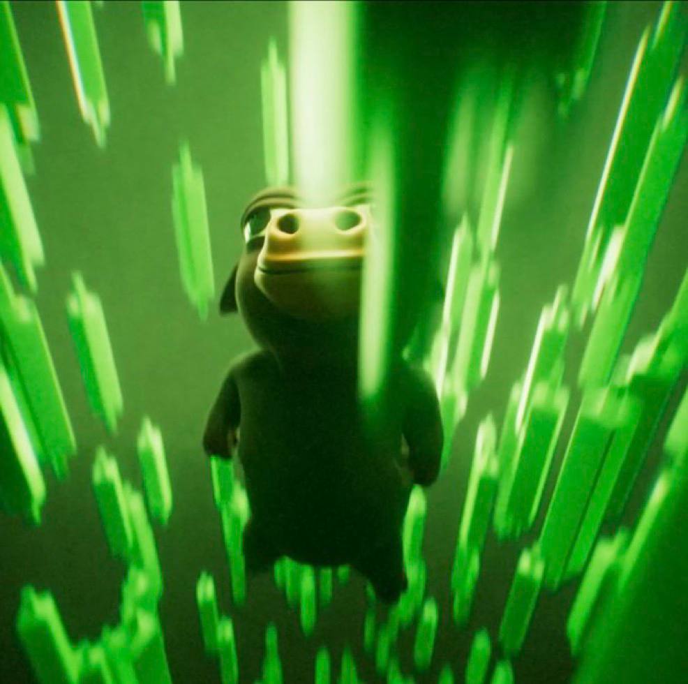 Delusional Bull walking through a green Matrix-style light