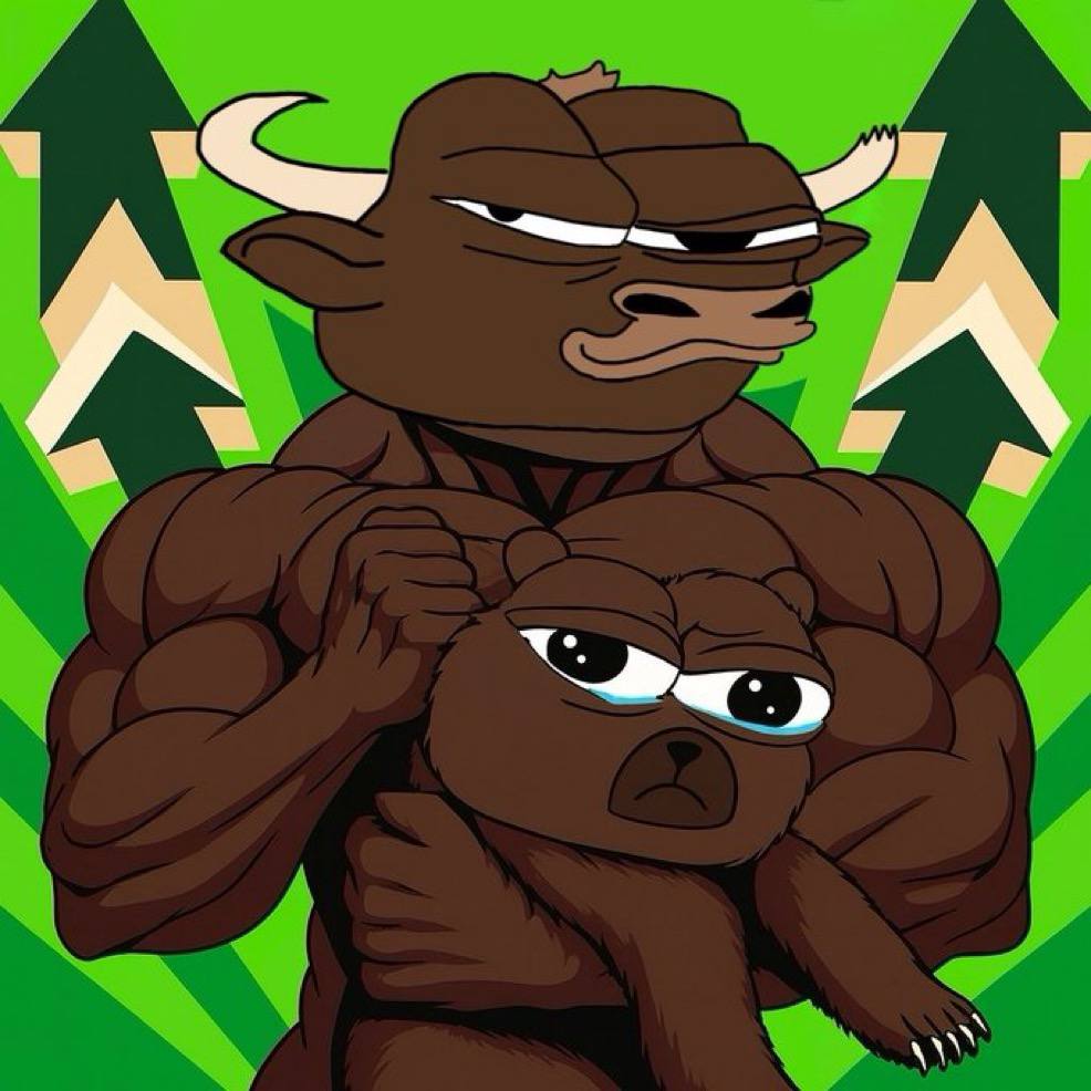 Muscular Delusional Bull flexing over green arrows