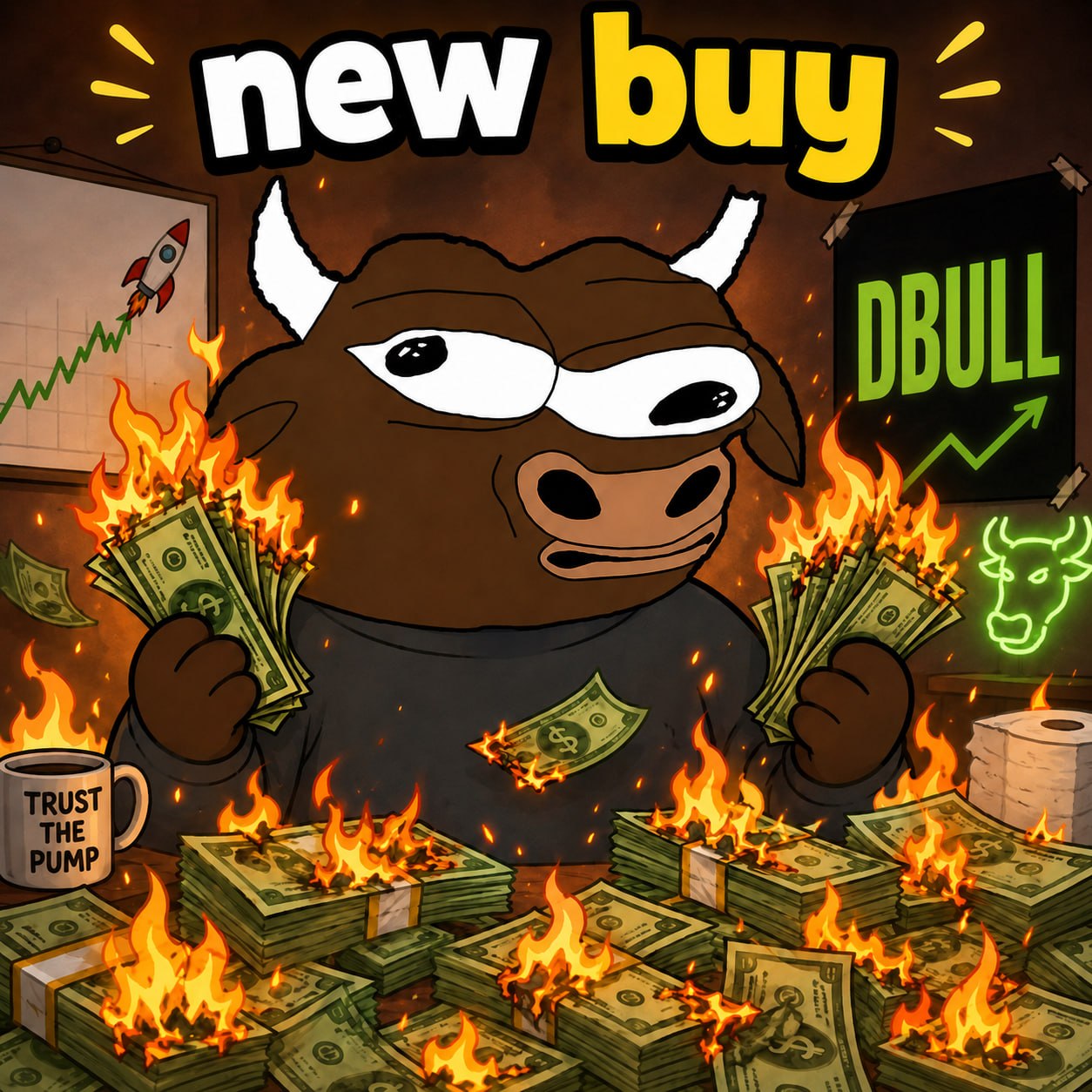 Delusional Bull holding flaming cash stacks with DBULL new buy alert