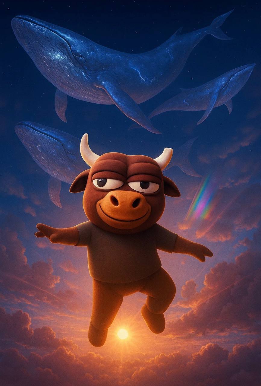Delusional Bull flying through the sky with whales at sunset